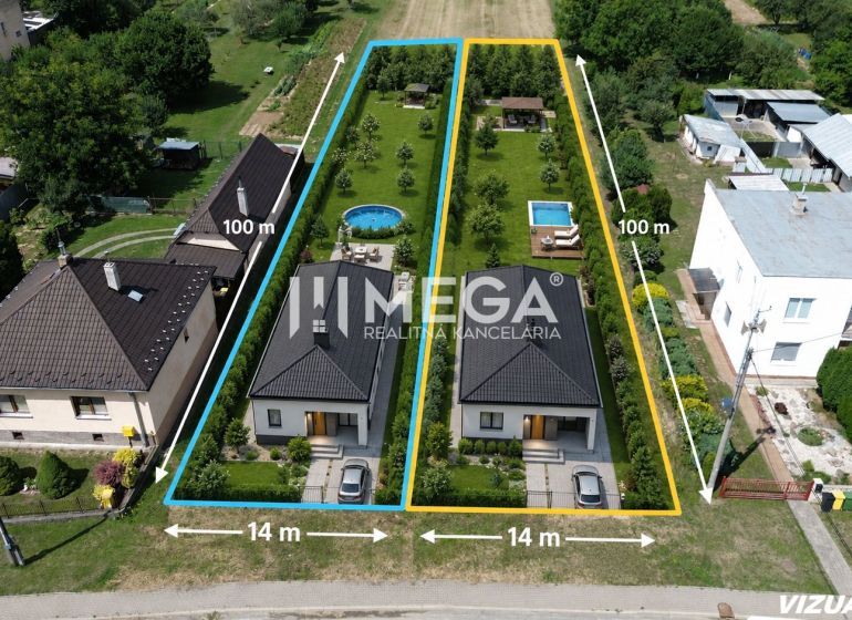 Plots - housing in Jasenov with houses, gardens, and an outdoor pool.