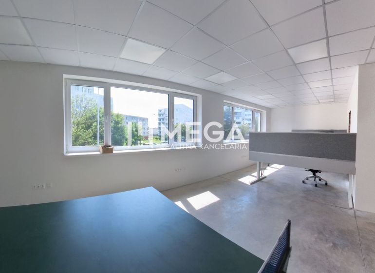 Bright office spaces with large windows and concrete flooring.