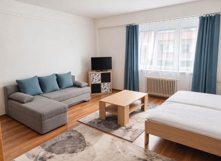 A one-room apartment with a sofa, bed, television, table, and floor with a wooden decor.