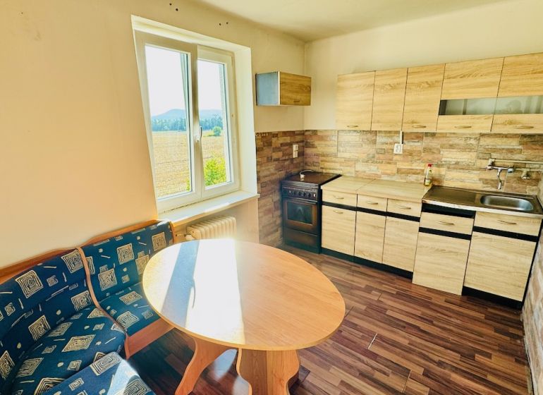 A kitchen in a studio apartment with a kitchen unit, wooden decor flooring, and a view.