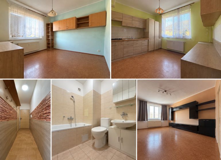 Interior of a 2-room apartment with a wooden decor floor and a light kitchen.