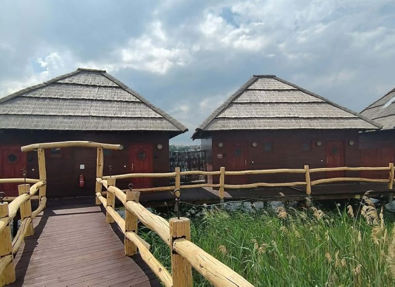 Wooden cabins above the water surface with thatched roofs at Senec Lakes.