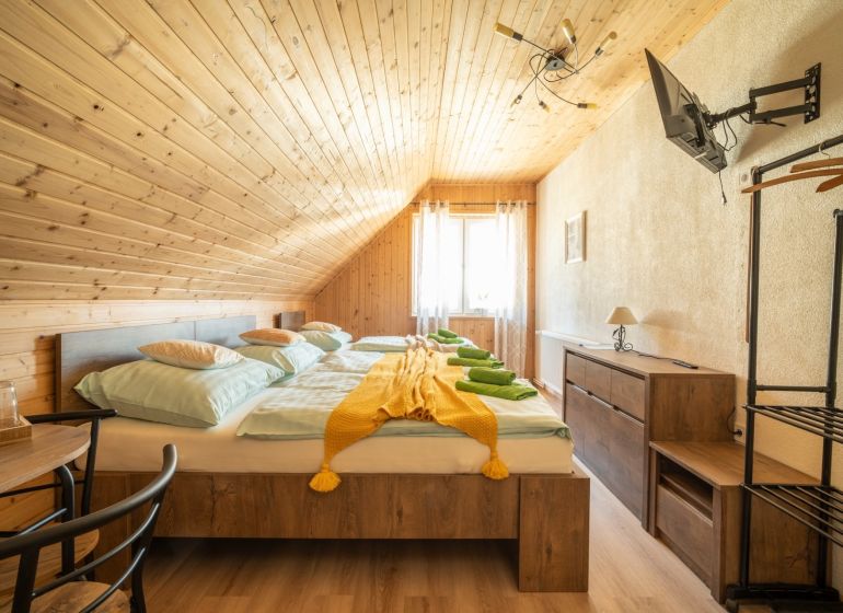 A room with wooden paneling, a double bed, a TV, and a floor with a wooden decor. Hotels and guesthouses.