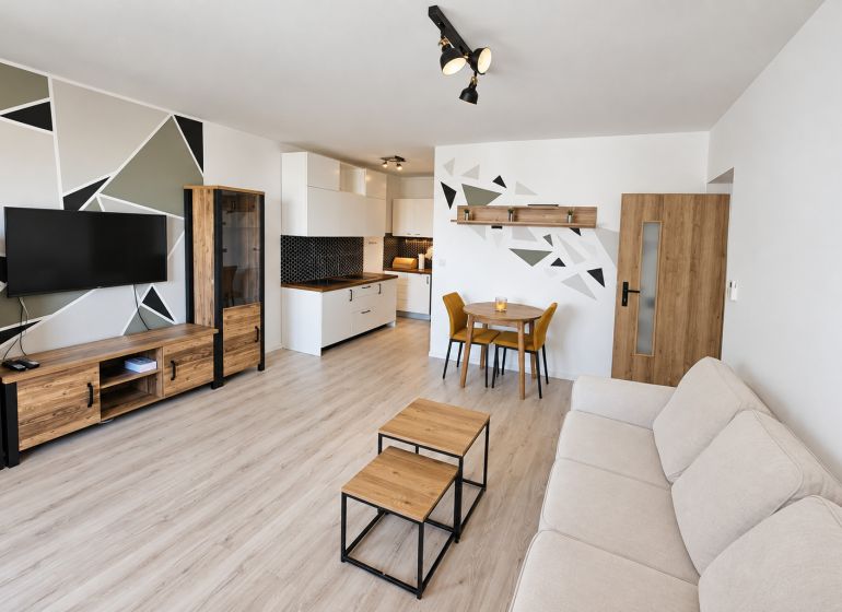 Living room with a kitchenette and a wooden decor floor in a 2-room apartment.