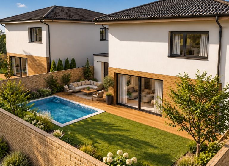 Family houses in Vinohrady in Senica have a pool and a terrace with a private garden.