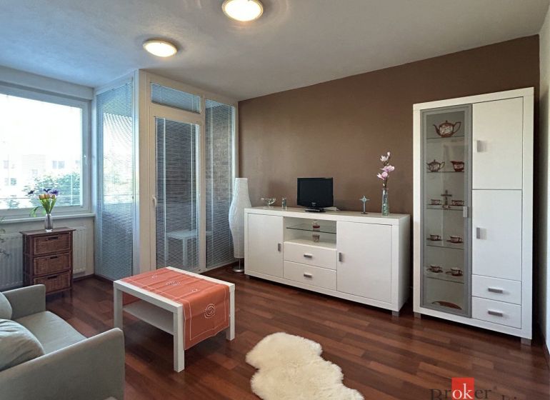 Living room with wood-patterned flooring, white furniture, and glazing in a two-room apartment.