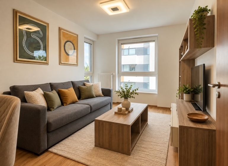 Living room in a 2-room apartment with a gray sofa, wood-patterned flooring, and decorations.