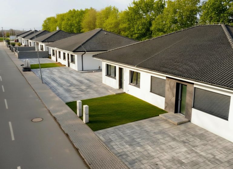 A terraced family house in Hôrka nad Váhom with a paved driveway and a well-maintained lawn.