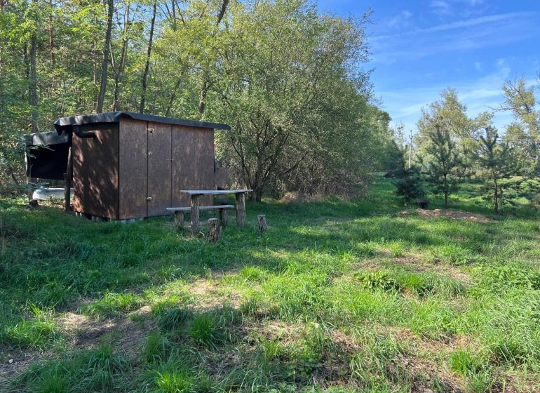 Gardens in Kopčany with a wooden shelter surrounded by trees and green grass.
