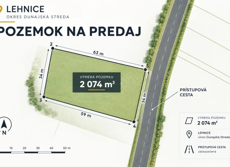 Land for sale in Lehnice for residential purposes, size 2074 m², access road.