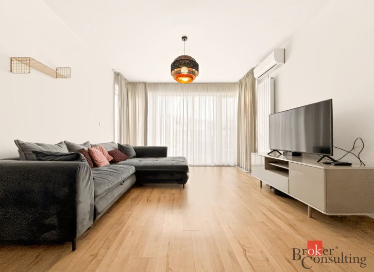 Living room in a two-room apartment with a sofa and wooden decor flooring.
