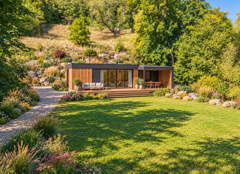 A modern garden house surrounded by greenery in Štiavnické Bane, ideal for recreational plots.