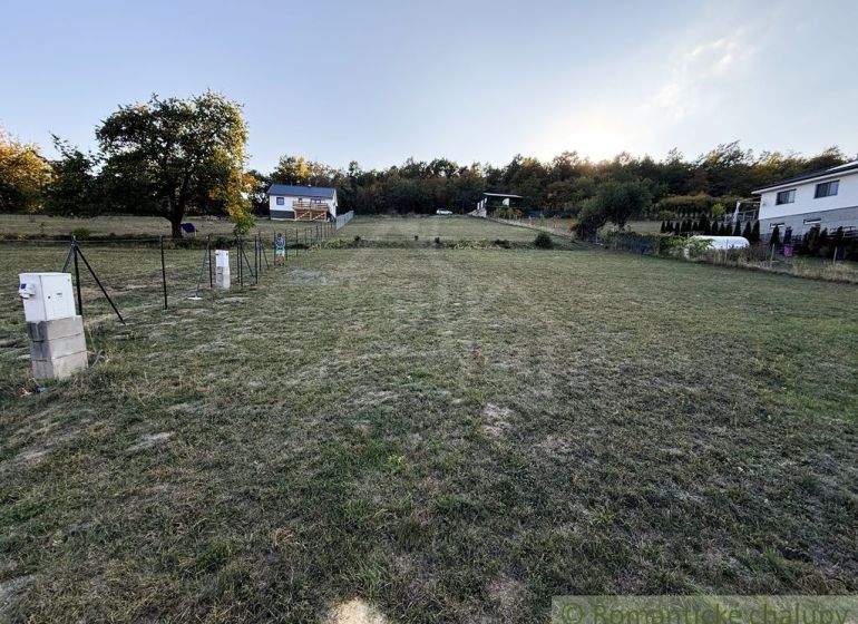 Gardens in Krupina, houses on the slope, grass and trees, a distribution box is visible.