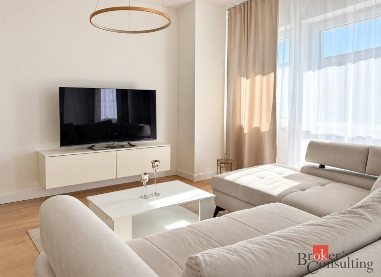 A bright living room with a sofa, television, and wood-decor flooring in a studio apartment.
