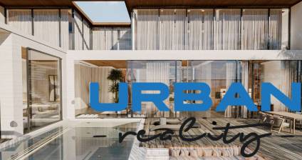 Interior with a pool and terrace, House construction.