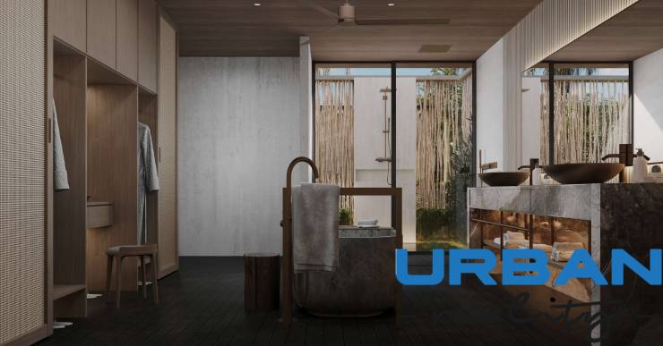 Luxury bathroom with a mirror and sinks, connected to a shower area. House construction.