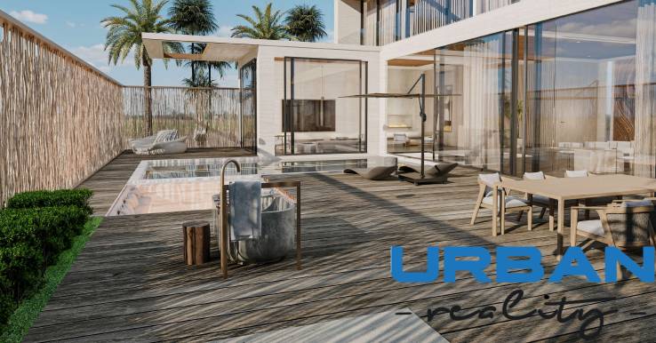 A terrace with a pool and furniture during the construction of houses.