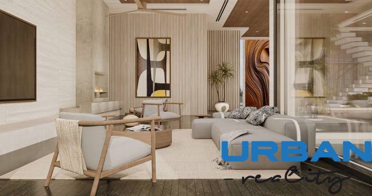 Living room with modern furniture, light wall, and wooden floor, House construction.