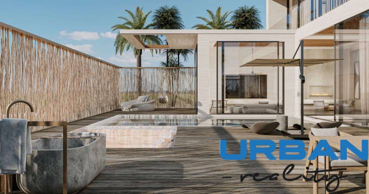 A wooden terrace with a pool and palm trees in the background, Home construction.