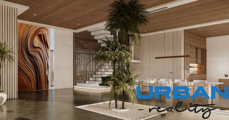 Elegant interior with wooden elements and modern furniture in home construction.