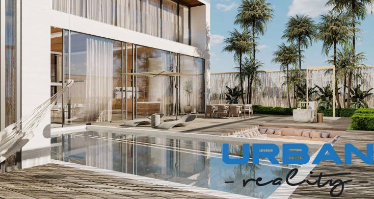 Construction of houses with glass surfaces and a swimming pool.