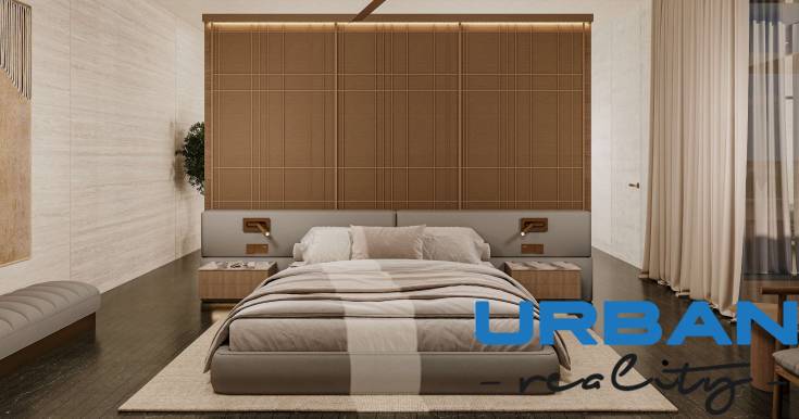 A bedroom in a minimalist style with a large bed and wooden elements. House construction.