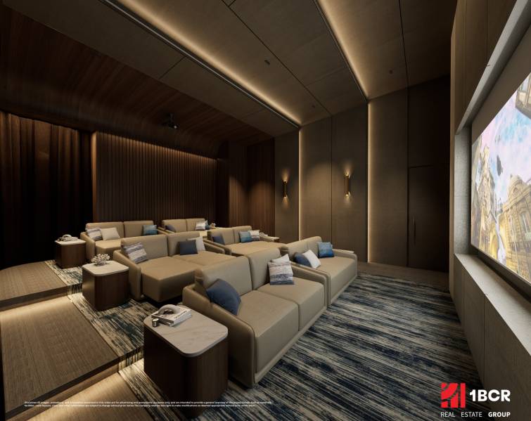 Indoor cinema with comfortable seats and a large screen, Apartment construction.