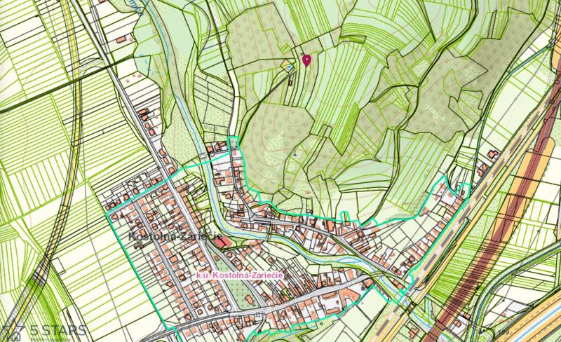 The map of Kostolná-Záriečie shows the urban structure and natural parts of the recreational areas.