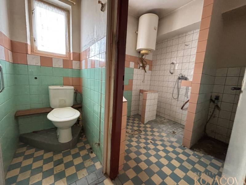 Bathroom in a 4-room apartment with a toilet, shower, and colorful tiles.