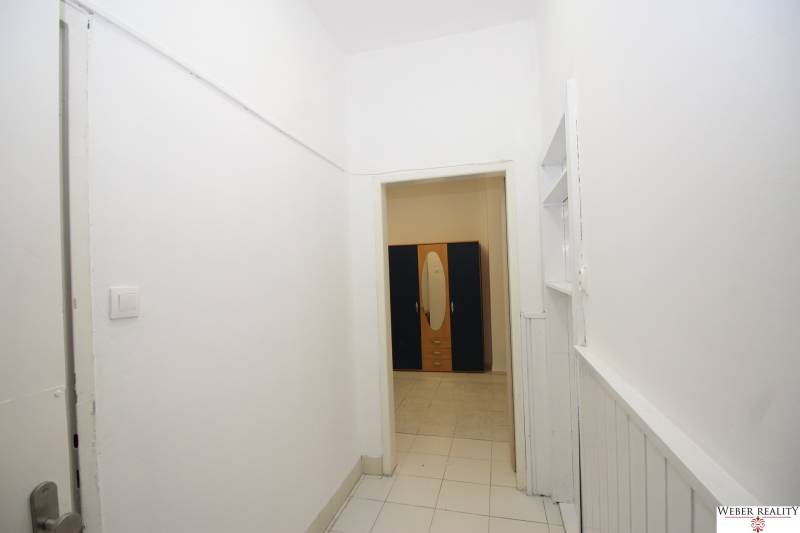 A narrow hallway leading to a room with a wardrobe in a studio apartment.