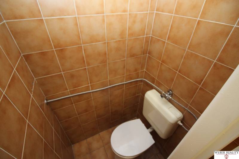 A toilet with brown tiles in a studio apartment.