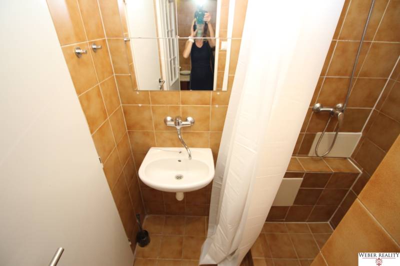 A bathroom with brown tiles, a shower, a sink, and a mirror in a studio apartment.