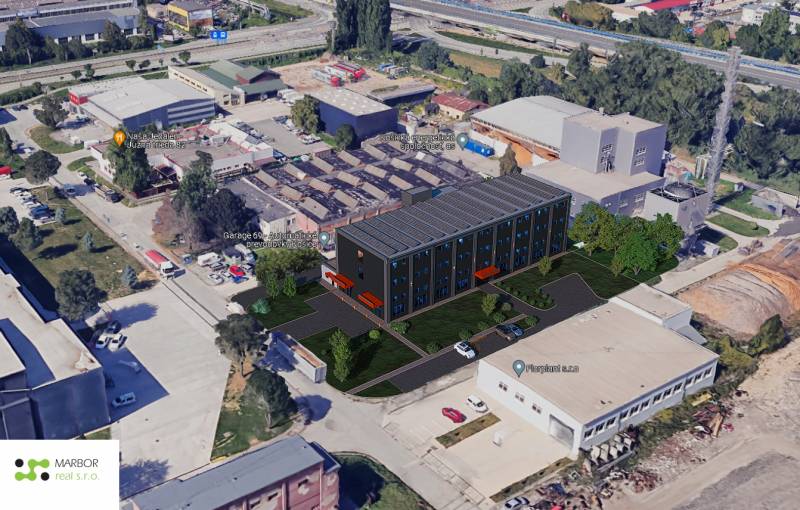 Warehouses and halls on Južná trieda in Košice, Juh district with a new building.