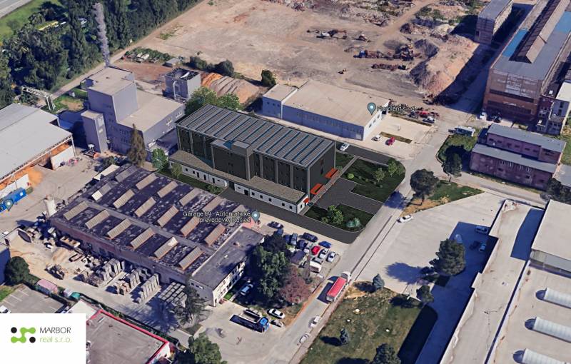 Aerial view of construction sites of a warehouse and hall on Južná trieda in Košice.