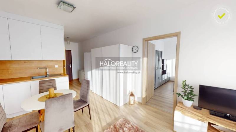 A kitchen in a 2-room apartment with a sink, dining table, and television.