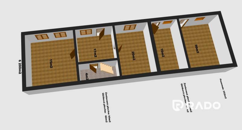 Floor plan of a family house with five rooms and a staircase, total area 62 m².