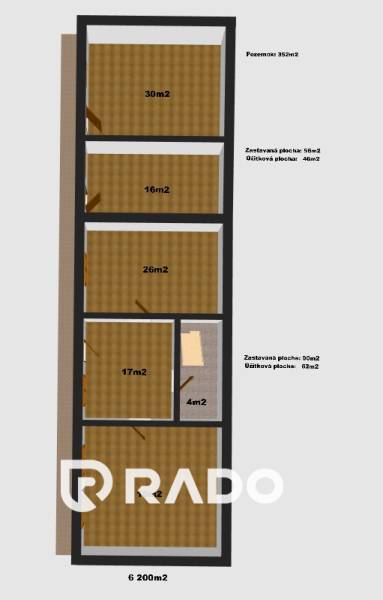 Floor plan of a family house with room sizes: 30m², 26m², 17m², 16m², 4m² in Borský Svätý Jur.