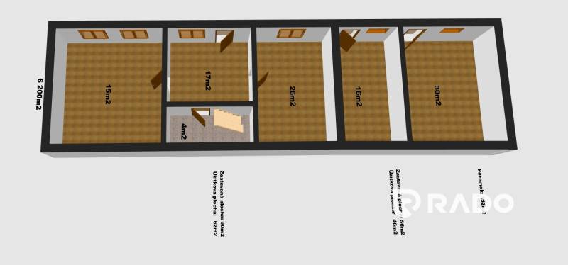 Ground floor plan of a family house with four rooms and a staircase.