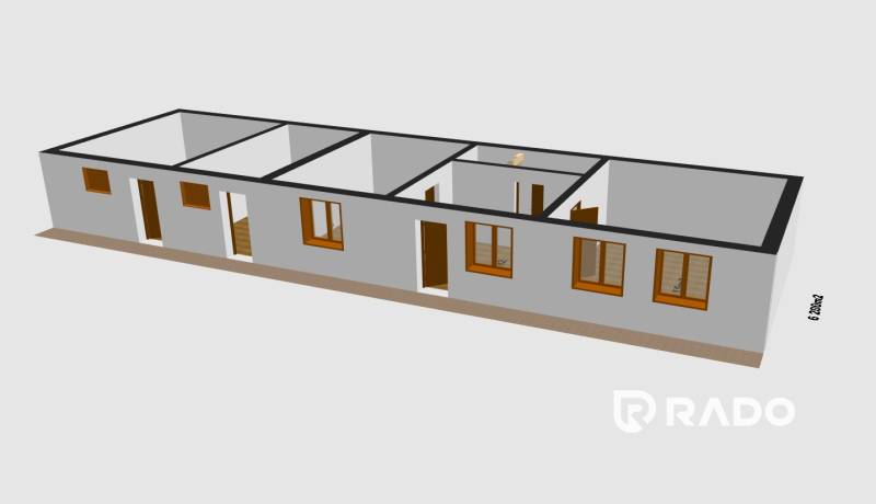 Floor plan of a family house with four rooms, doors, and windows, ready for construction.