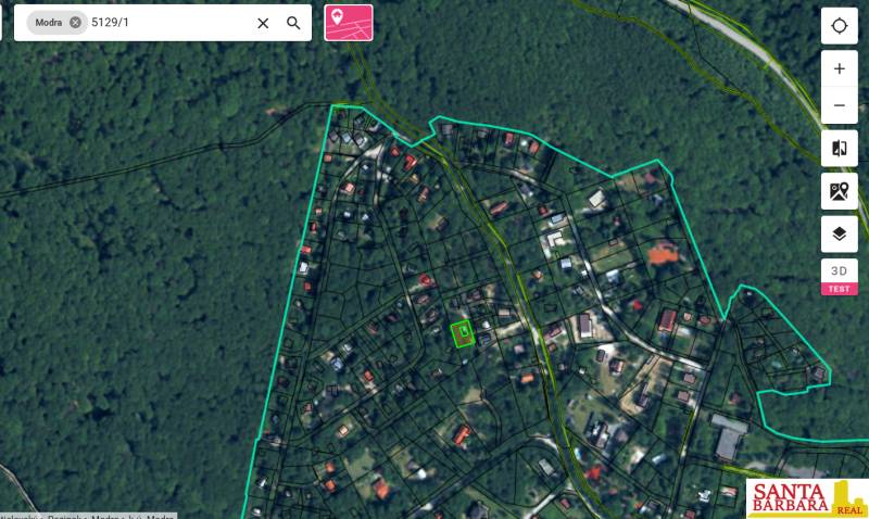 Aerial view of the area in Modra at Harmónia with the plot of the cottage marked.