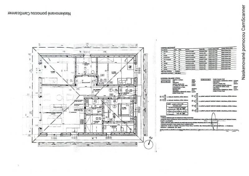 Floor plan of a family house with room layout and technical specifications.