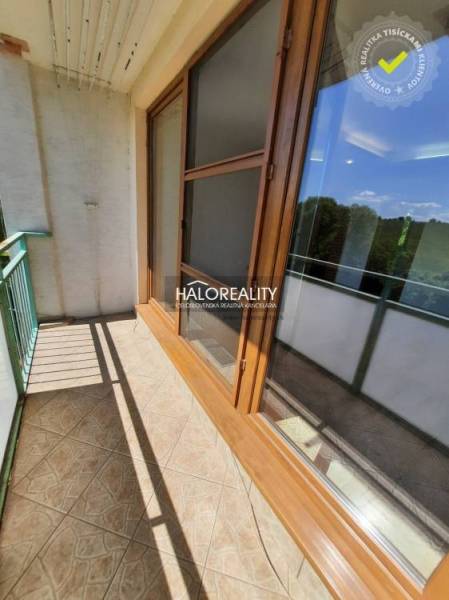 Balcony of a 4-room apartment with wooden window frames and glazing, view of the surroundings.