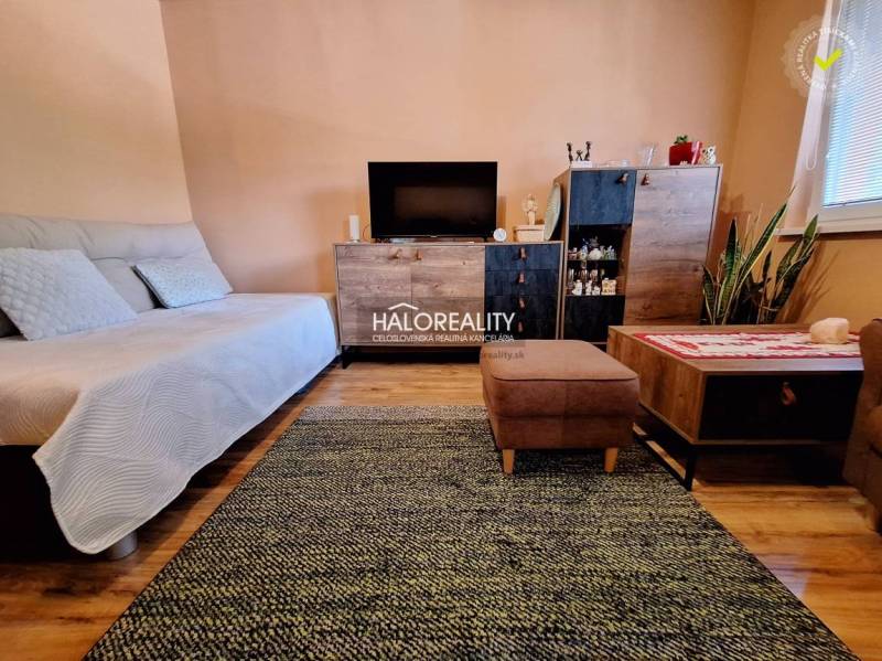 Living room in a two-room apartment with a sofa, table, and television.