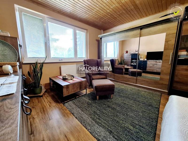 Living room in a two-room apartment with a wooden ceiling, purple armchair, large mirrored wardrobe.