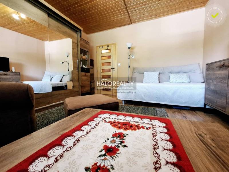 Living room in a two-room apartment with a wooden ceiling and a mirrored wardrobe.