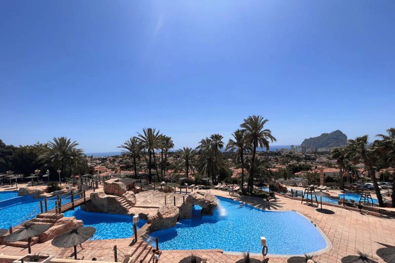 A pool with palm trees and a sea view in a holiday apartment in Calp.