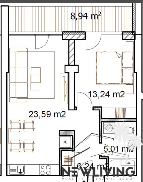 Floor plan of a 2-room apartment with a terrace, with dimensions of individual rooms marked.