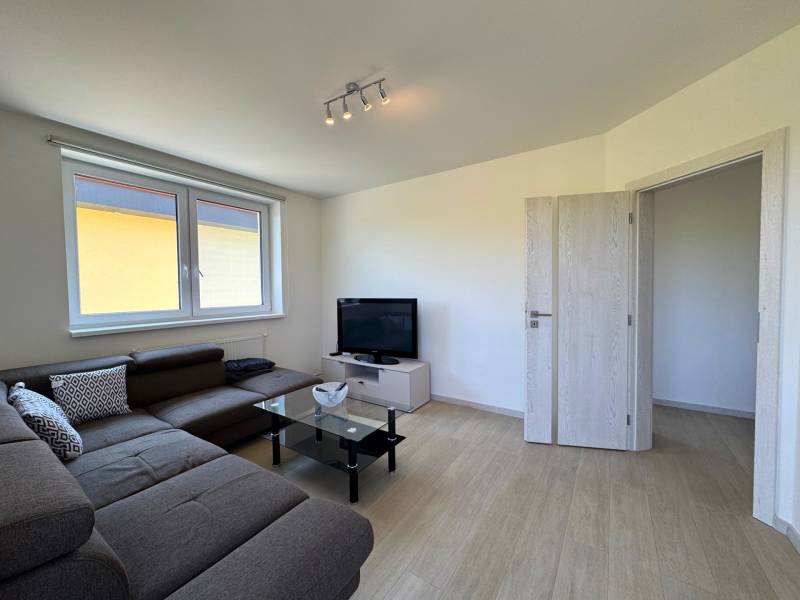 Living room of a three-room apartment with a sofa, table, and television.