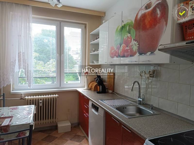 A kitchen in a 3-room apartment with a large window, red cabinets, and fruit decorations.