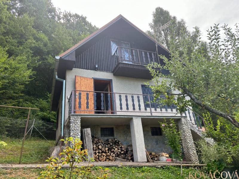 A cabin in the woods with a wooden balcony, wood storage, nature, greenery, relaxation in a natural environment.
